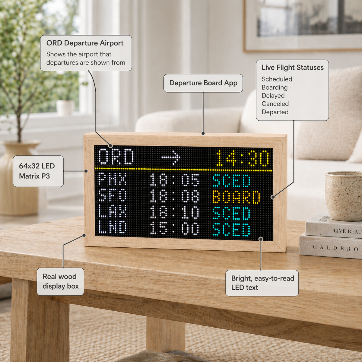 FlightTrackerLED Mach 2 departure board mode on a 64x32 LED matrix display