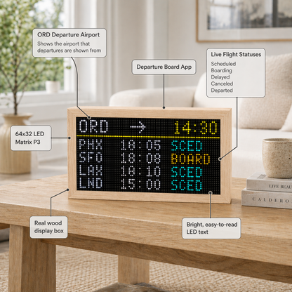 FlightTrackerLED Mach 2 departure board mode on a 64x32 LED matrix display