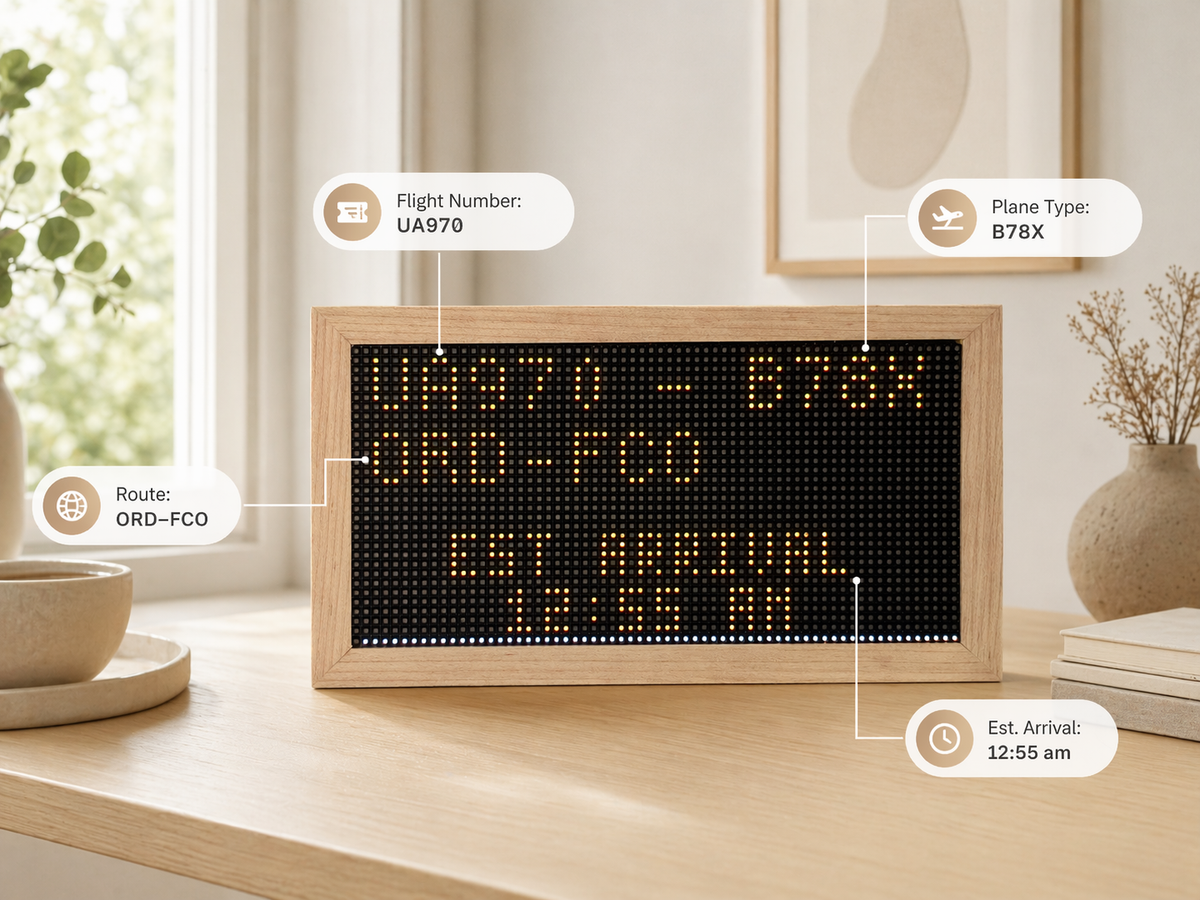 FlightTrackerLED Mach 2 individual flight tracker display with route and aircraft details