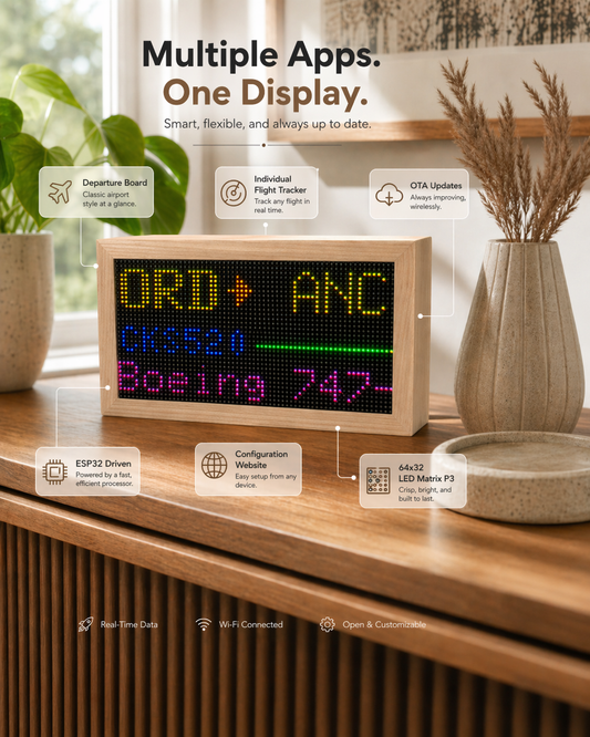 Digital display clock on a wooden surface with text about multiple apps and one display.