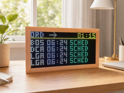 FlightTrackerLED Mach 2 LED flight tracker display on a desk in a maple enclosure