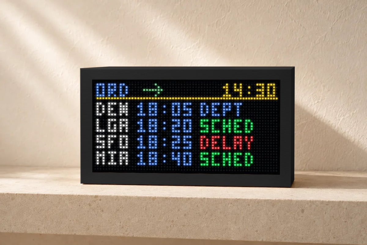 Mach 2 Lite in matte black showing an airport-style departure board