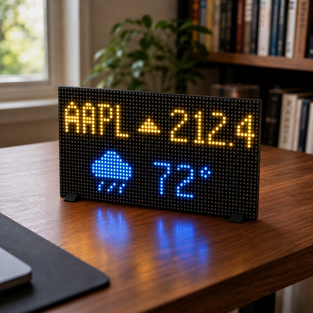 Open-source pixel display kit — 64x32 LED matrix showing stock ticker and weather on a desk