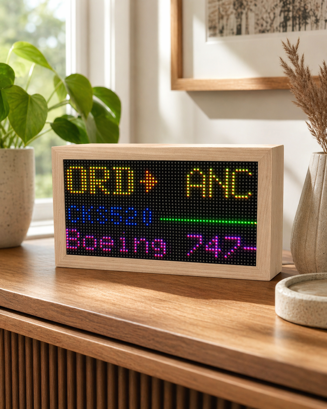 Flight Tracker Mach 2 LED display on a wooden console tracking flight UA520 from Chicago O'Hare to Anchorage on a Boeing 747